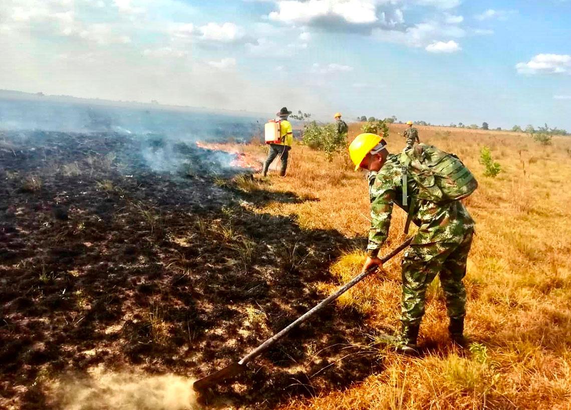 Ejército Nacional apoya labores para contrarrestar incendio forestal en La Primavera, Vichada
