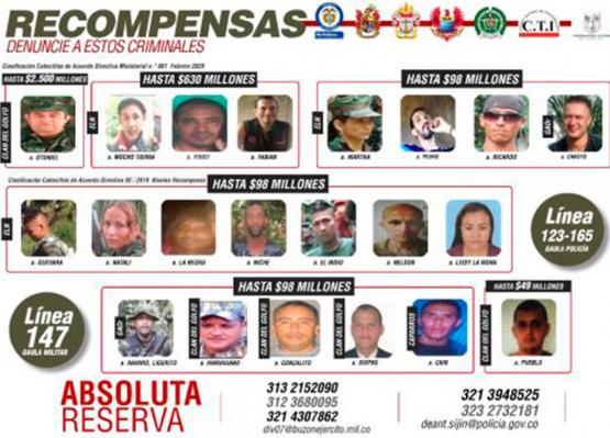 Cartel de recompensas por los cabecillas de grupos armados organizados en Antioquia, Córdoba y Chocó