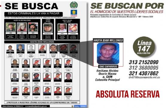 Recompensa de hasta 500 millones de pesos por alias Caín o Pilatos, cabecilla del GAO Los Caparros