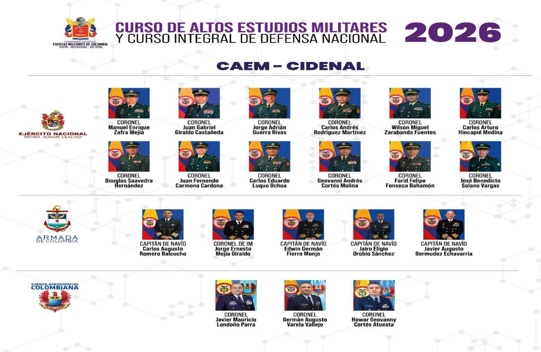 20 oficiales de las Fuerzas Militares fueron seleccionados para adelantar el Curso de Altos Estudios Militares y el Curso Integral de Defensa Nacional